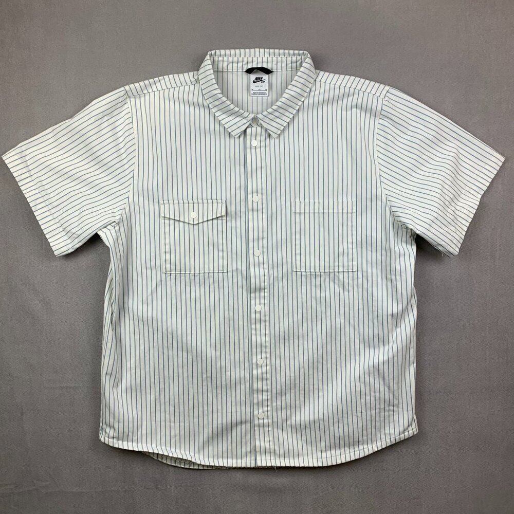 Nike SB White Jersey Short Sleeve Button-Down Snap Shirt Thin Blue Stripes